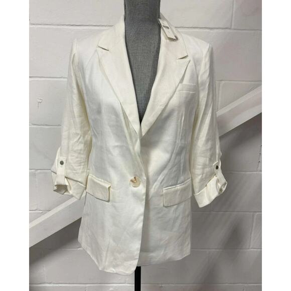 Maeve Anthropologie Roll Sleeve Career Blazer Linen Blend Women’s 4 Ivory NWT - Picture 1 of 11